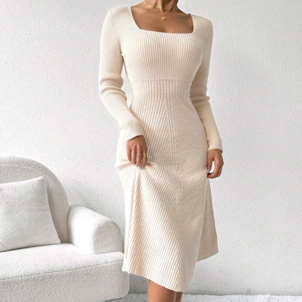 Solid Color Square Collar Ribbed Knit Casual Long Sleeve Dress - Picture 4 of 5